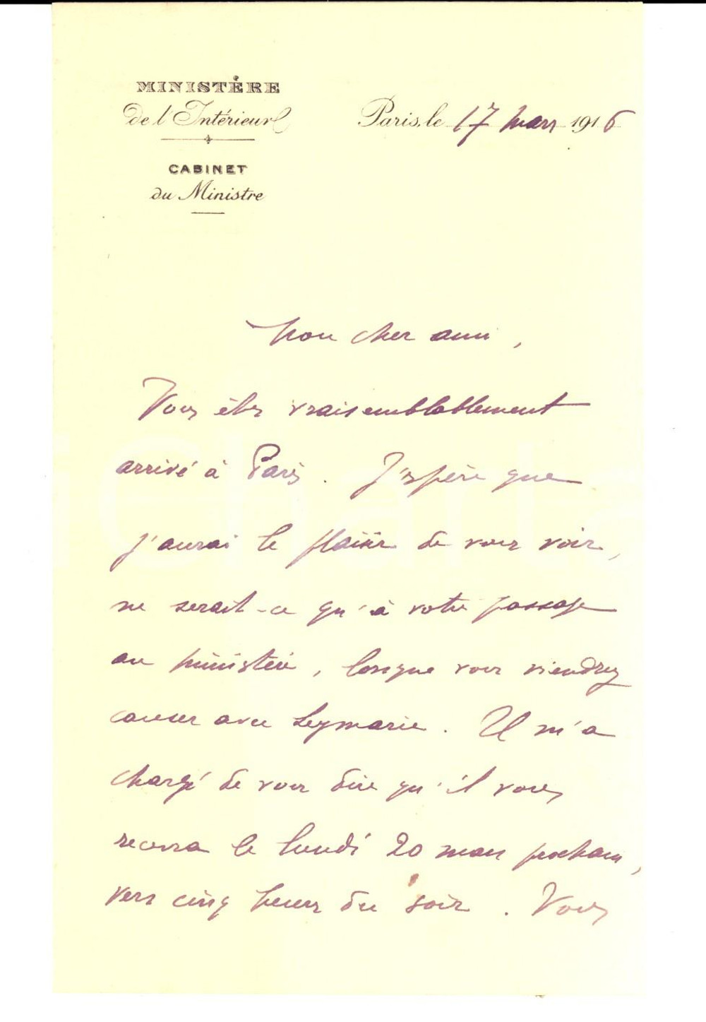 Autografo originale 1916 PARIS MinistÃ¨re IntÃ©rieur - AndrÃ© VILA fissa un appuntamento *Autografo 1