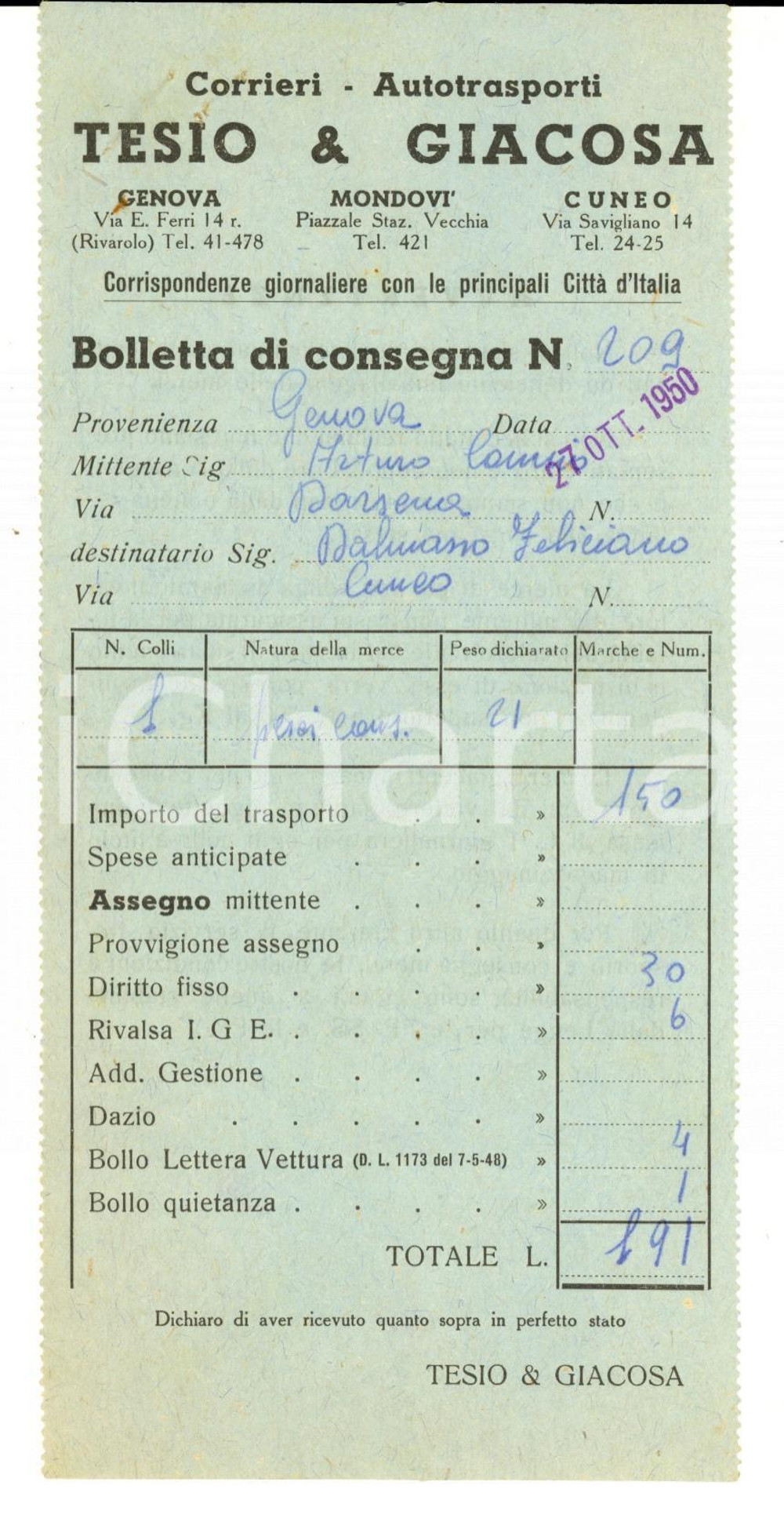 Documento originale, autentico 1950 CUNEO Corrieri - Autotrasporti TESIO & GIACOSA Bolletta di consegna 1