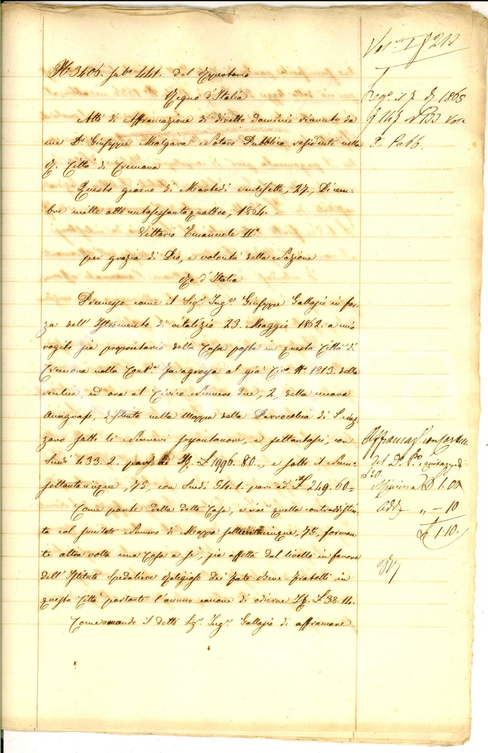 Documento originale, autentico 1864 CREMONA Affrancazione livello Giuseppe GALLASIO  Ospedale FATEBENEFRATELLI 1