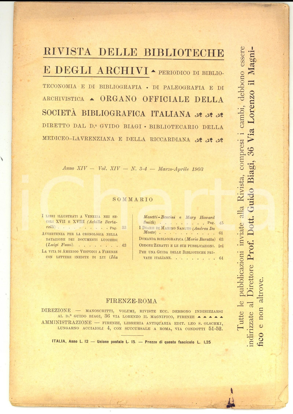 Giornale, rivista storica 1903 RIVISTA DELLE BIBLIOTECHE E DEGLI ARCHIVI Lettere Amerigo VESPUCCI nÂ°3-4 1