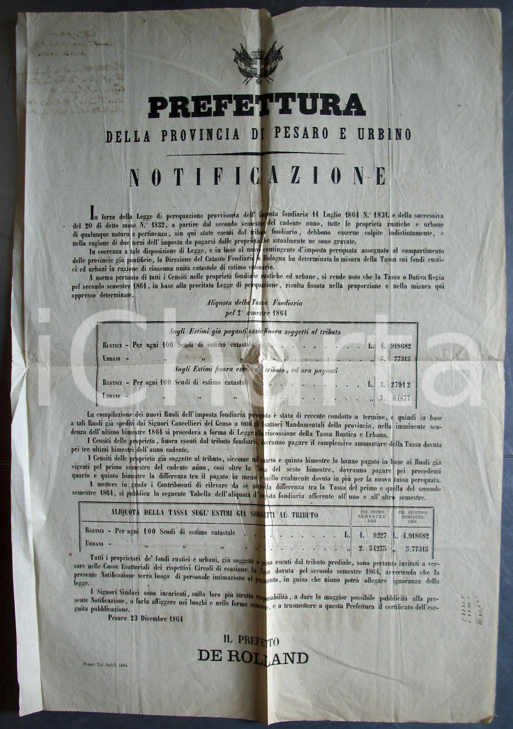 Documento originale, autentico 1864 PESARO Sulla proprietÃ  rustica e urbana Manifesto 1
