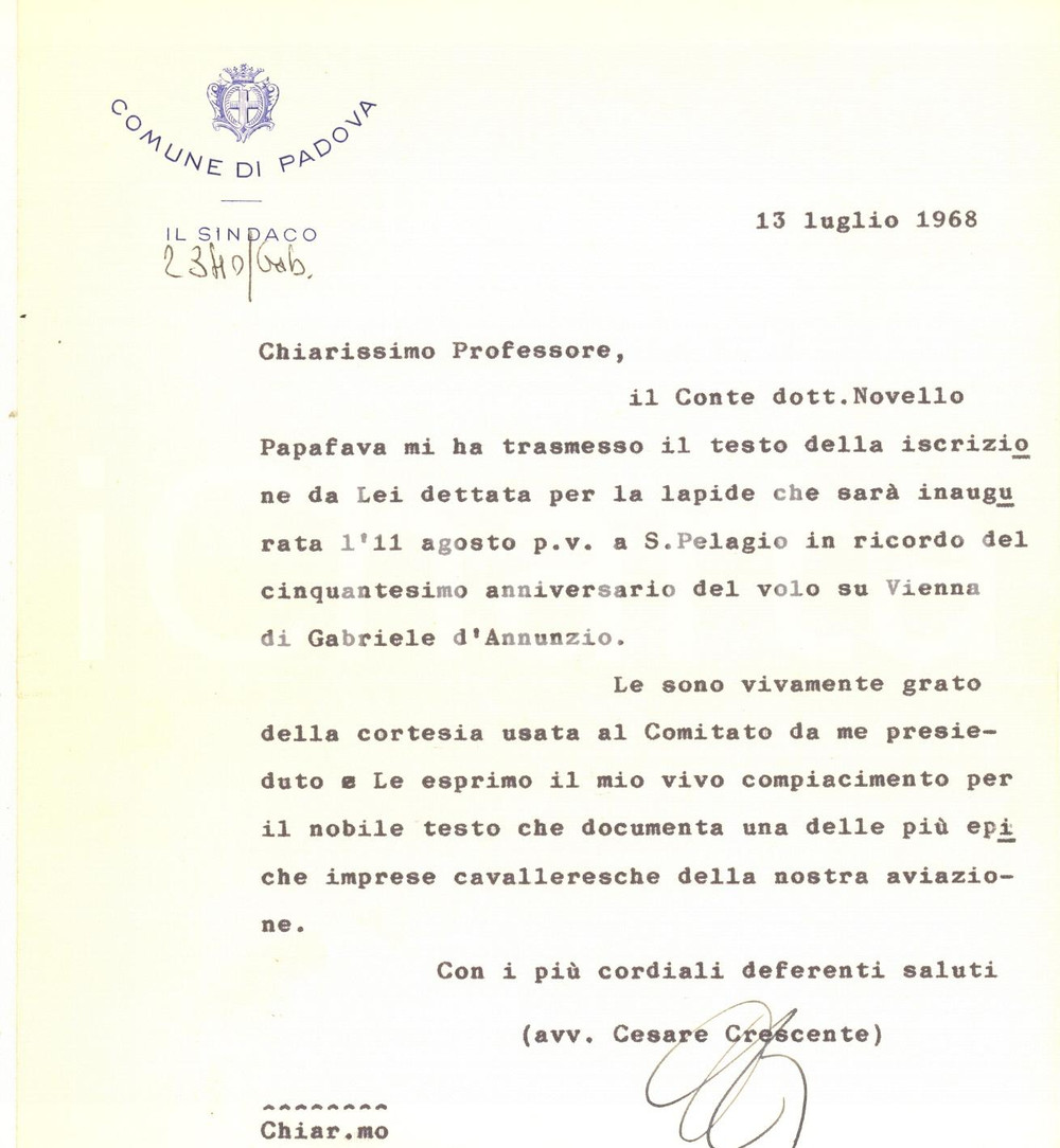 Autografo originale 1968 PADOVA Sindaco Cesare CRESCENTE  Lettera volo su Vienna AUTOGRAFO 1
