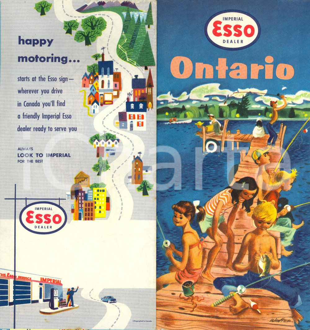 Mappa, planimetria storica 1957 CANADA Happy motoring Southern ONTARIO Cartina pubblicitaria ESSO motoring 1