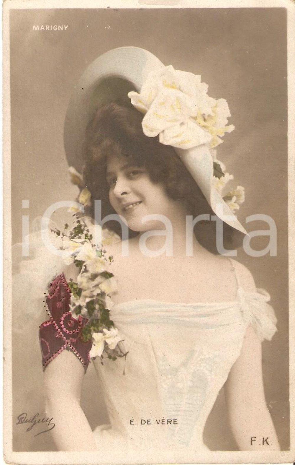 Cartolina originale da collezione 1900 ca TEATRO Attrice E. DE VERE Ritratto con fiori *Cartolina FP NV 1