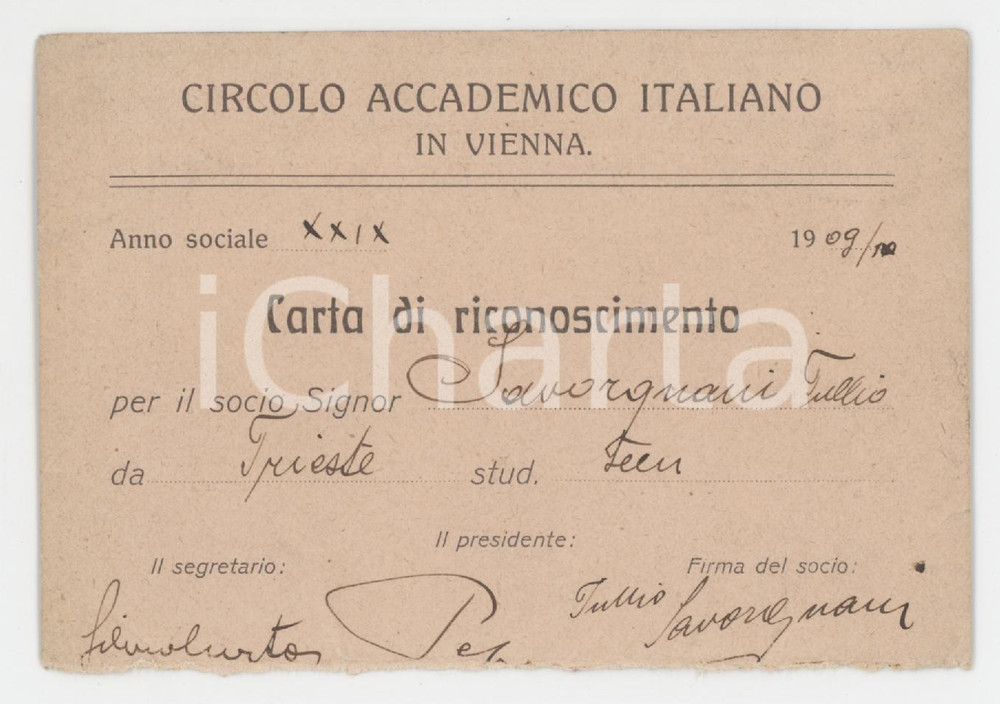 1909 VIENNA Circolo Accademico Italiano - Tessera 10x7 cm