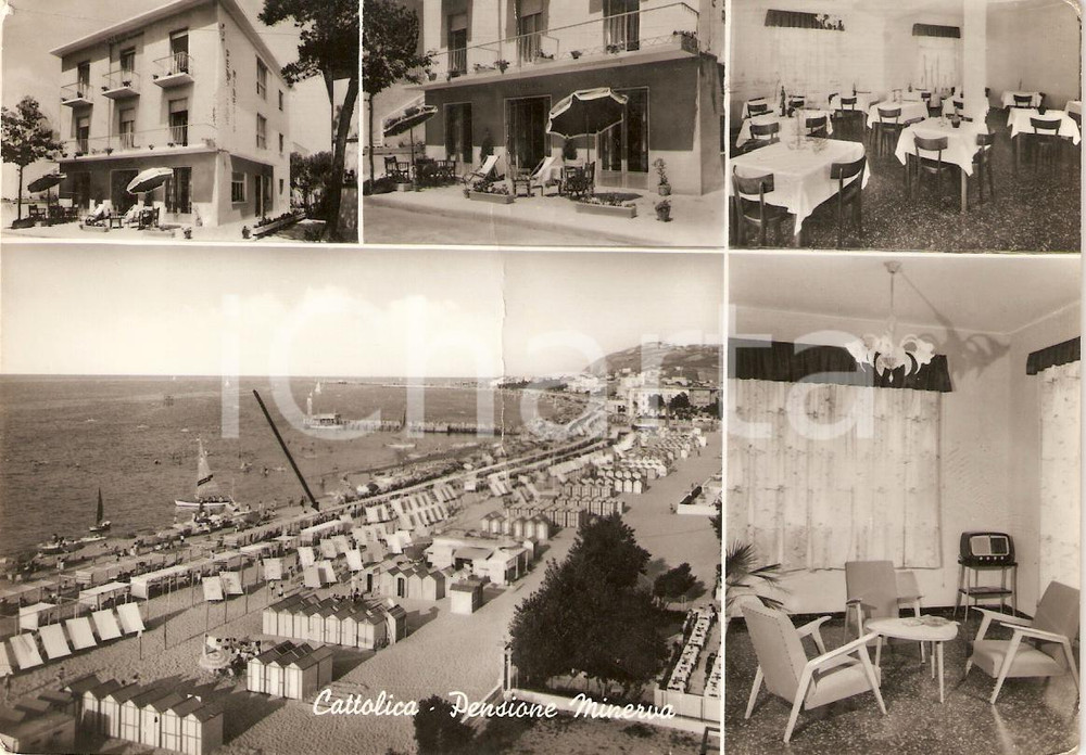 Cartolina originale da collezione 1955 ca CATTOLICA RN Vedutine Pensione MINERVA Panorama lungomare Cartolina FG 1