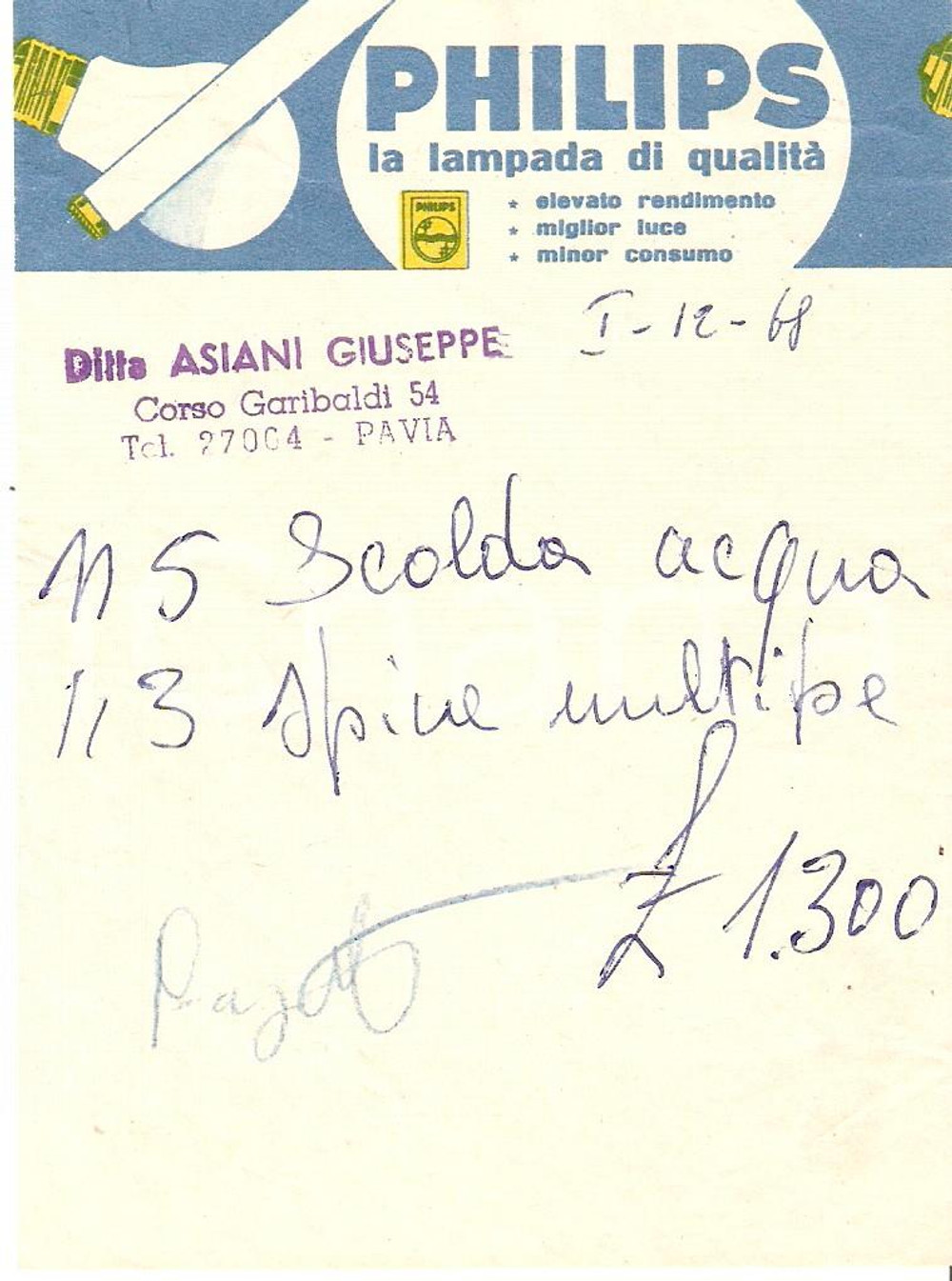 Materiale pubblicitario d’epoca 1968 PAVIA Ditta Giuseppe ASIANI Lampadine PHILIPS *Ricevuta ILLUSTRATA 9x13 cm 1