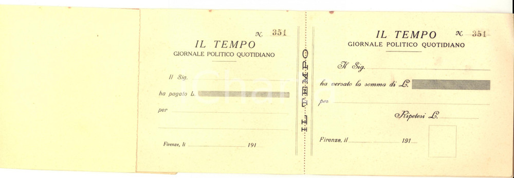 Oggetto da collezione cartaceo 1910 ca FIRENZE IL TEMPO Giornale politico quotidiano Blocco ricevute 1
