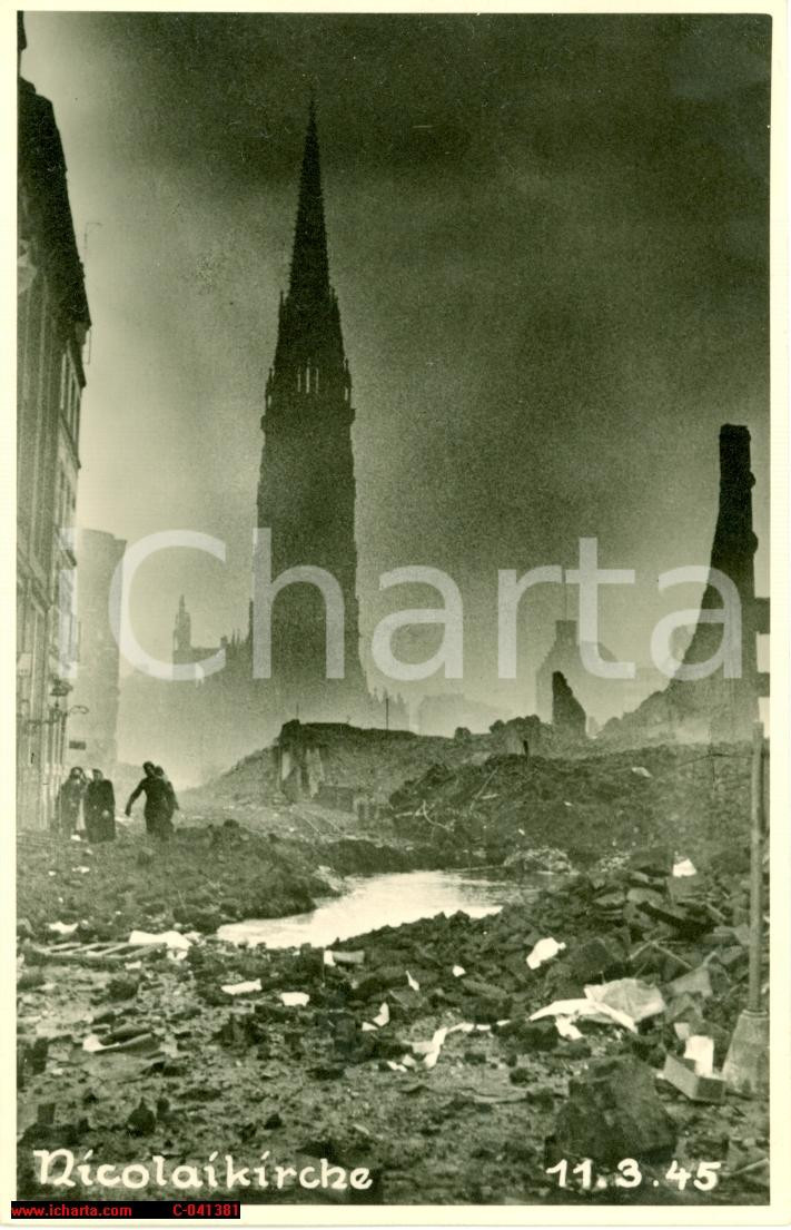 Fotografia d'epoca originale 1945 WW2 AMBURGO (DE) Macerie della ST. NIKOLAI KIRCHE 1