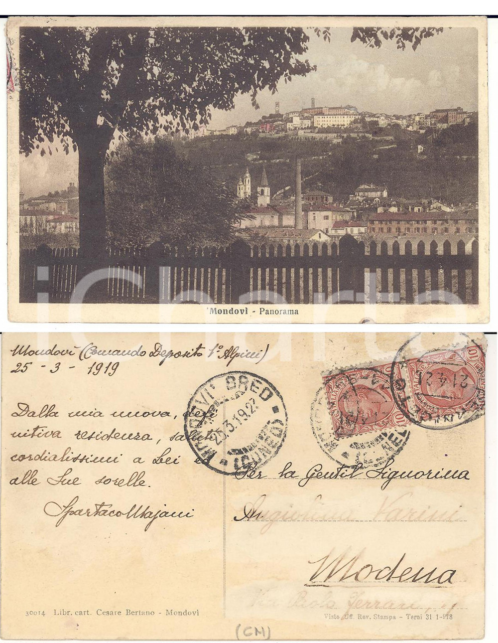 Autografo originale 1919 MONDOVI  CN Panorama Cartolina Spartaco MAJANI Comandante ALPINI FP VG 1