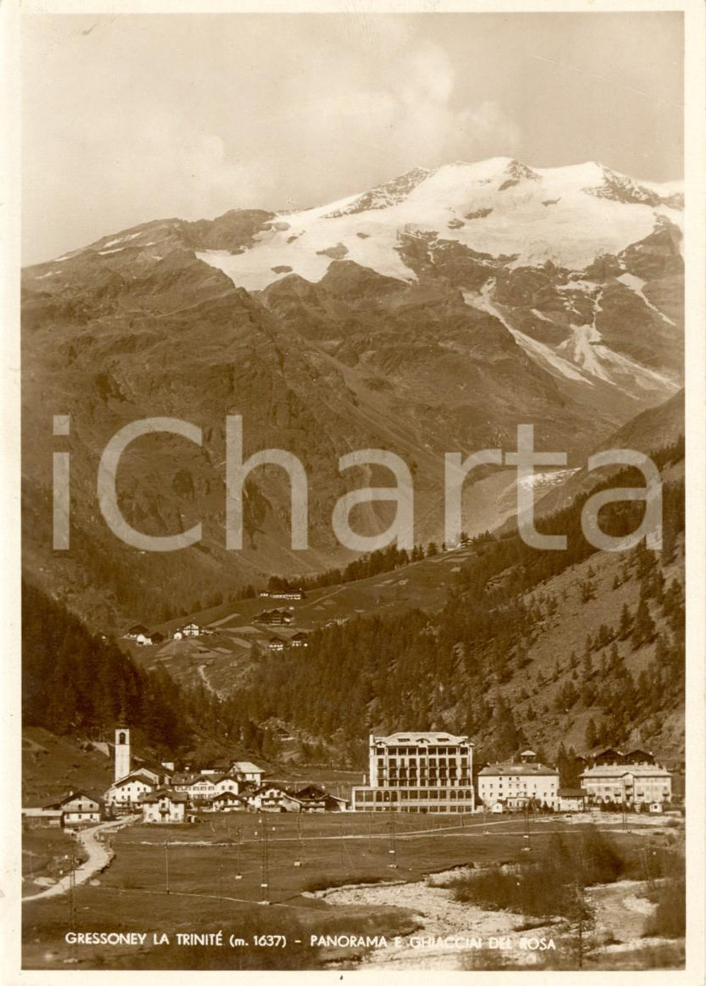 Cartolina originale da collezione 1950 ca GRESSONEY-LA-TRINITE' (AO) Panorama paese e ghiacciai Monte ROSA *FG NV 1