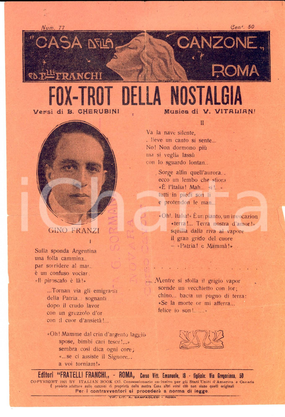 Oggetto da collezione cartaceo 1921 Bixio CHERUBINI V. VITALIANI Fox-trot della nostalgia *Spartito DANNEGGIATO 1