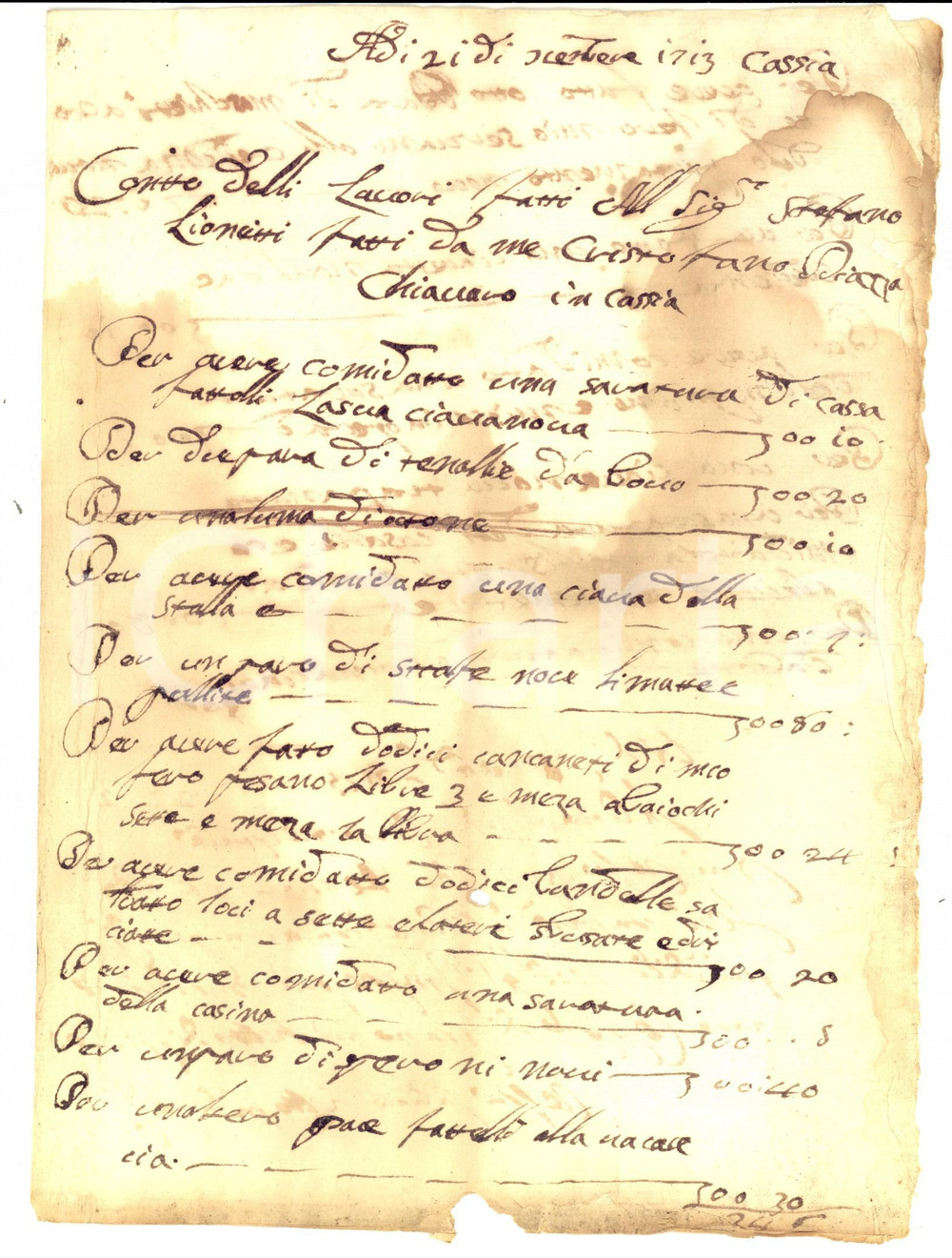 Documento originale, autentico 1713 CASCIA PG Conto del chiavaro Cristofano PIAZZA Manoscritto 1