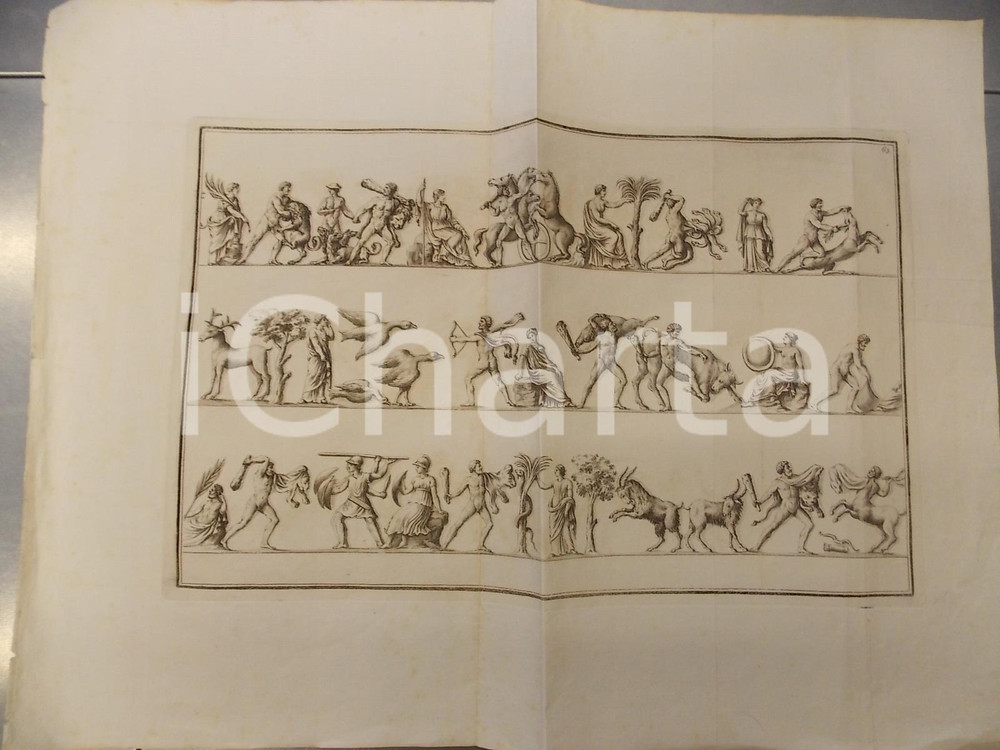 Stampa, bozzetto originale 1840 ca ARTE ANTICA Fregio con episodi della vita di Ercole Stampa 55x42 cm 1