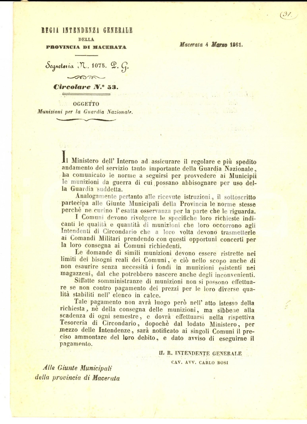 Documento originale, autentico 1861 MACERATA Provviste di munizioni per la Guardia Nazionale Lettera circolare 1