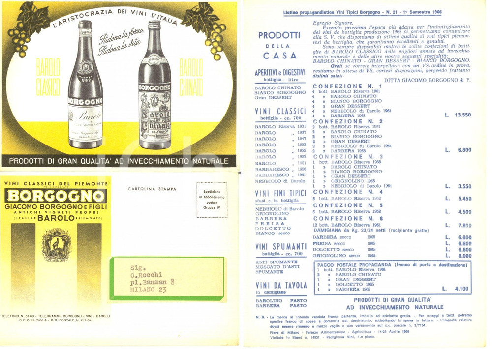 Cartolina originale da collezione 1966 BAROLO (CN) Ditta BORGOGNO E FIGLI vini piemontesi *Pubblicitaria FG VG 1
