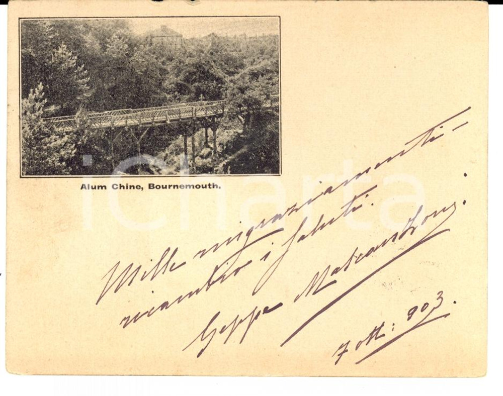 Cartolina originale da collezione 1903 ALUM CHINE BOURNEMOUTH (UK) Suspension Bridge *VINTAGE Postcard FP VG 1