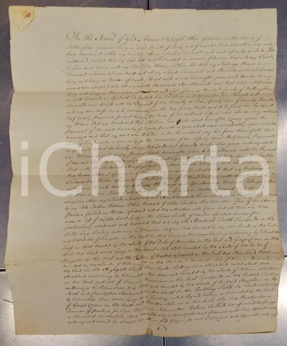 Documento originale, autentico 1765 WESTON NEWARK UK Testamento Joseph ATKIN pro figlio William Manoscritto 1