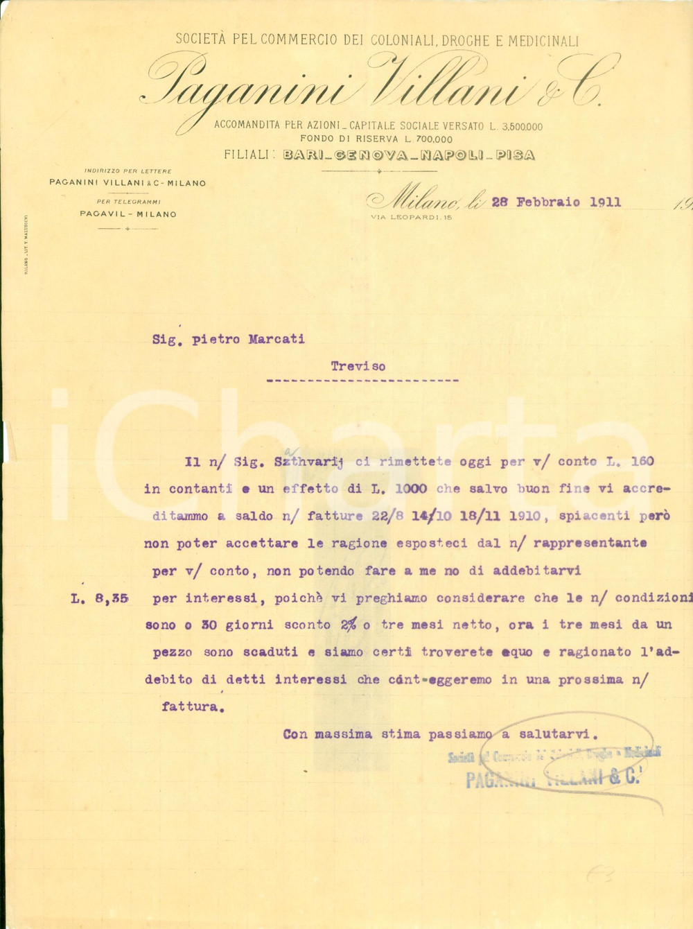 Documento originale, autentico 1911 MILANO Via Leopardi 15 PAGANINI VILLANI & C. Coloniali droghe medicinali 1