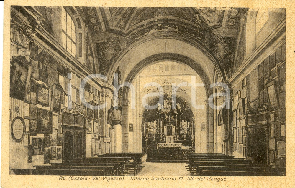 Cartolina originale da collezione 1949 RE (VB) OSSOLA - VAL VIGEZZO Interno SANTUARIO Madonna del SANGUE * FP VG 1