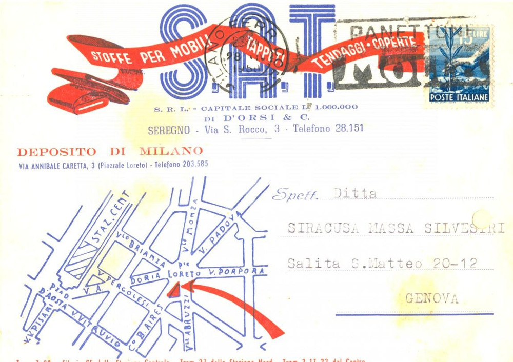 Cartolina originale da collezione 1950 SEREGNO Società S. A. T. Stoffe  Tappeti  Tendaggi Cartolina commerciale 1