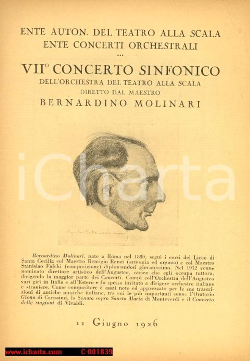 Documento originale, autentico 1926 MILANO Ente autonomo teatro ALLA SCALA Concerto maestro Bernardino MOLINARI 1