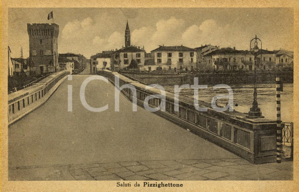 Cartolina originale da collezione 1930 ca PIZZIGHETTONE CR Veduta del ponte sull ADDA e della torre FP NV 1