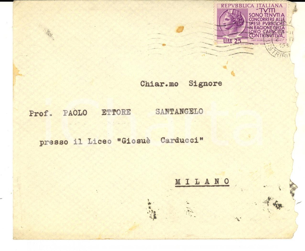 Cartolina originale da collezione 1954 STORIA POSTALE CATANIA Busta N. LICCIARDELLO Lire 25 Costituzione 1