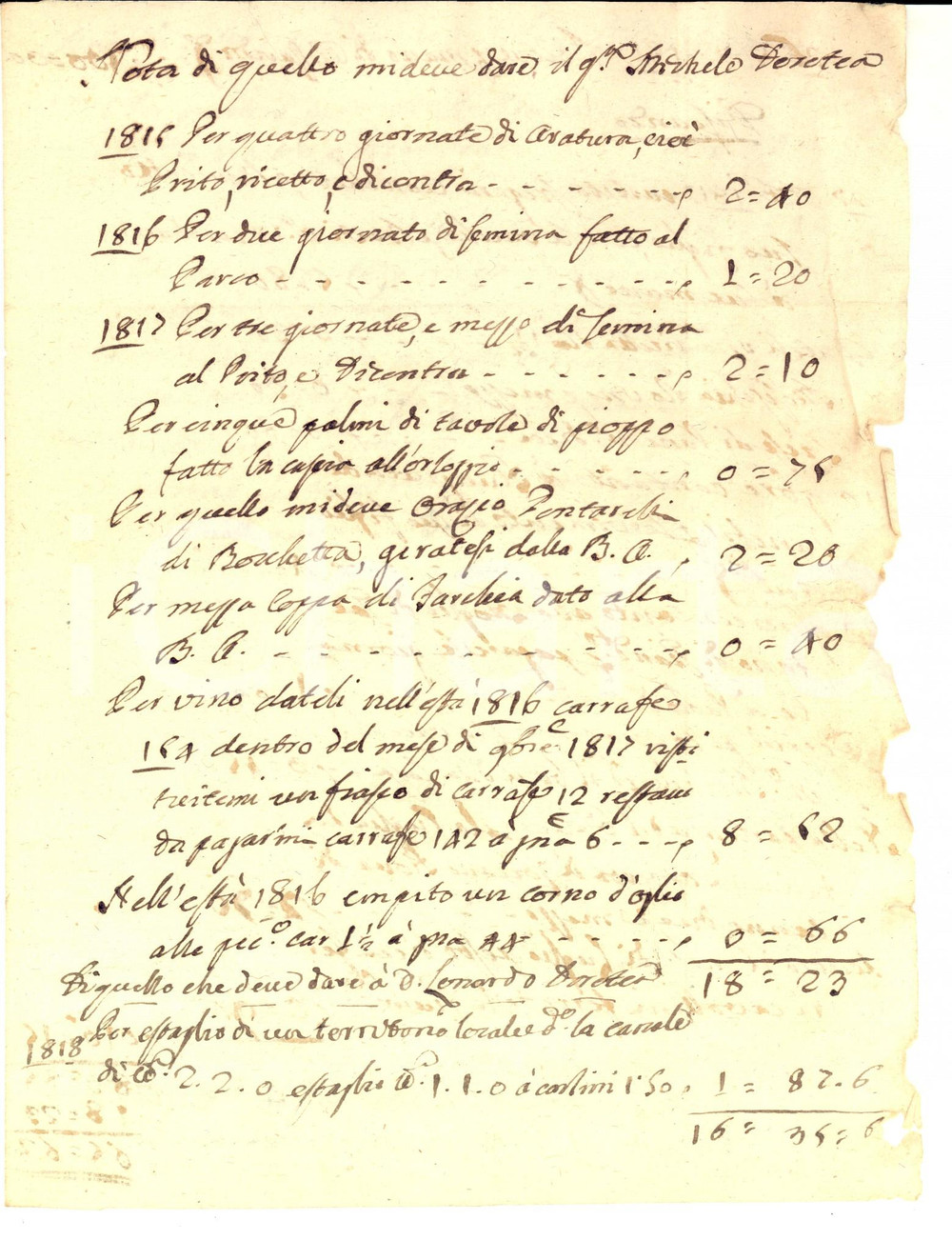 Documento originale, autentico 1818 L AQUILA Debiti di Michele DOROTEA per lavori di un manovale e aratura 1