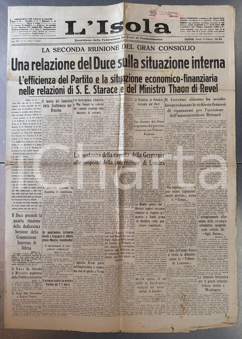 Giornale, rivista storica 1935 SASSARI Giornale L'ISOLA Il Terzo Reich vuole collaborazione e pace 1