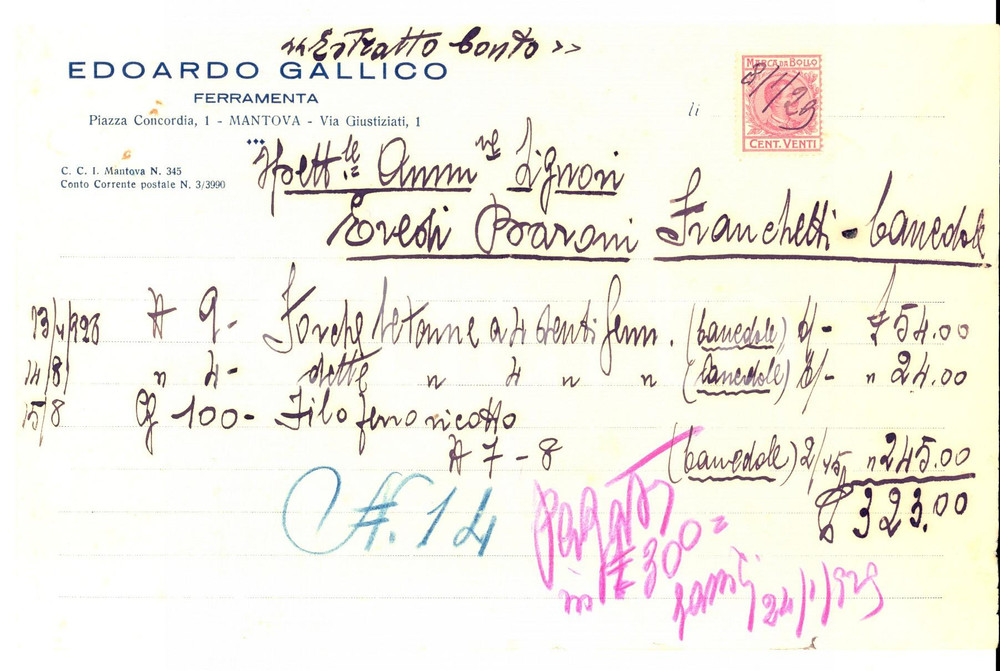 Documento originale, autentico 1929 MANTOVA Edoardo GALLICO Ferramenta  Fattura intestata con bolli 1