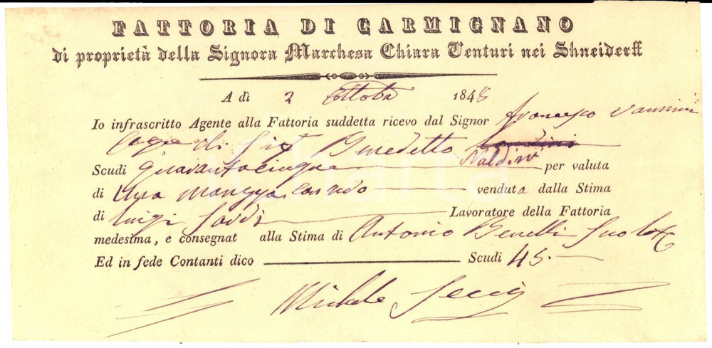 Documento originale, autentico 1848 CARMIGNANO PO Tenuta marchesa Chiara VENTURI SCHNEIDERFF  Ricevuta 1
