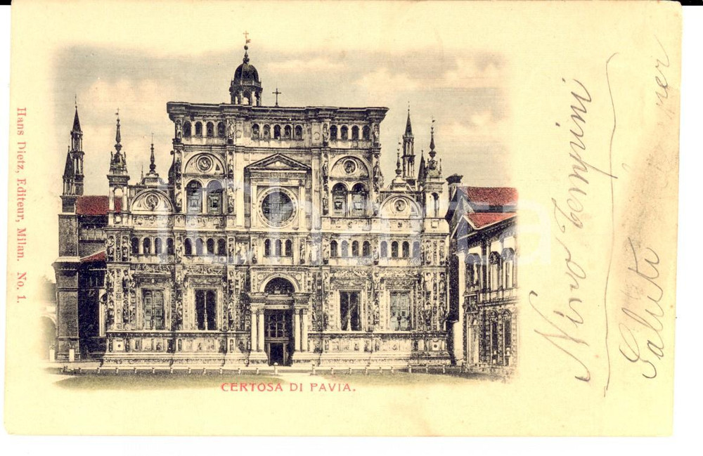 Autografo originale 1900 ca CERTOSA DI PAVIA Veduta Cartolina Nino TEMPINI autografa FP 1