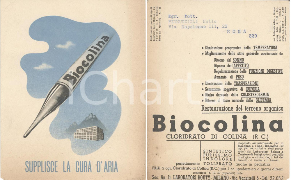Cartolina originale da collezione 1952 MILANO Laboratori BOUTY Farmaco BIOCOLINA Cartoncino pubblicitario 1