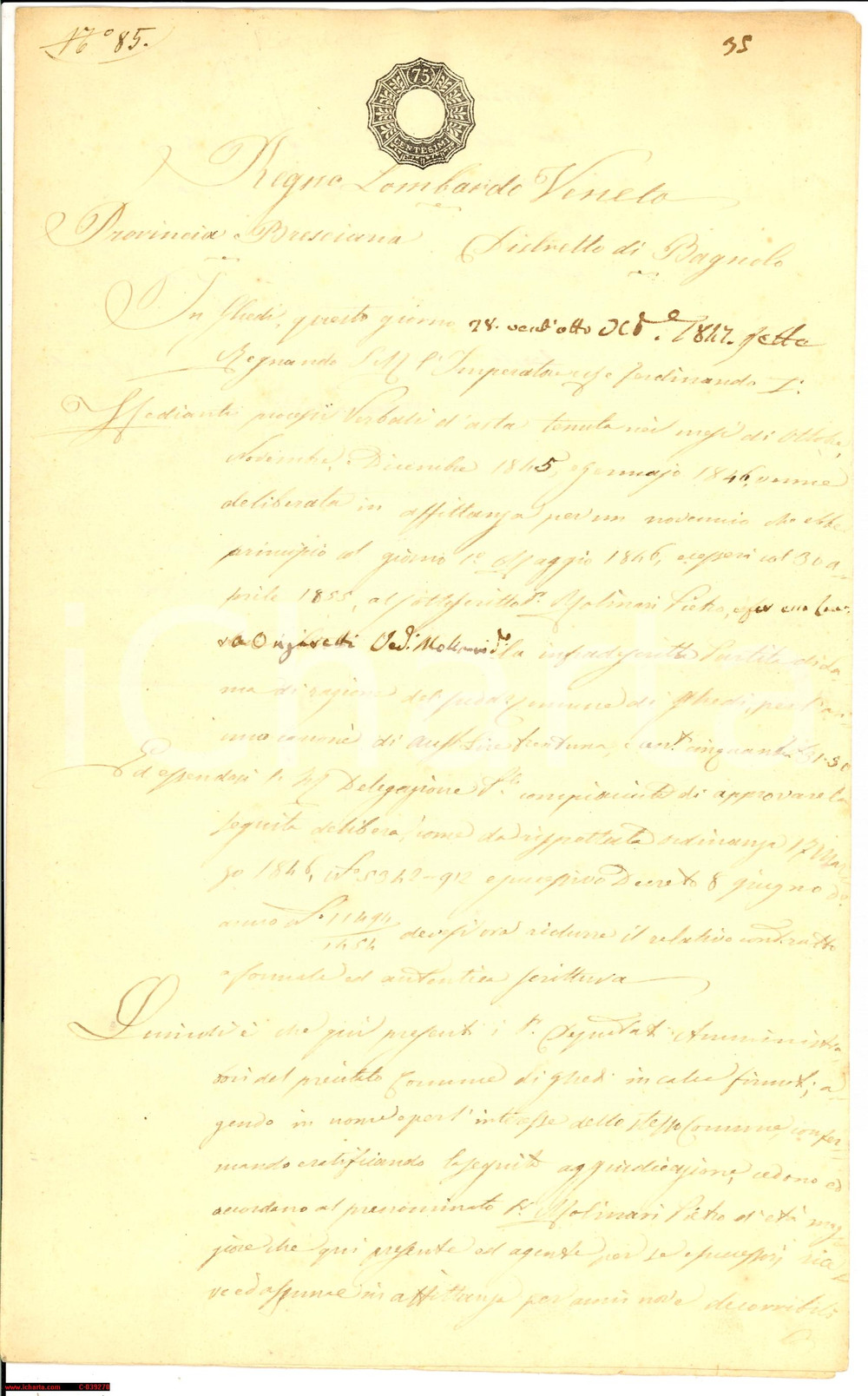 Documento originale, autentico 1847 GHEDI (BS) Appalto serizzo a vedova Laura MOLINARI 1