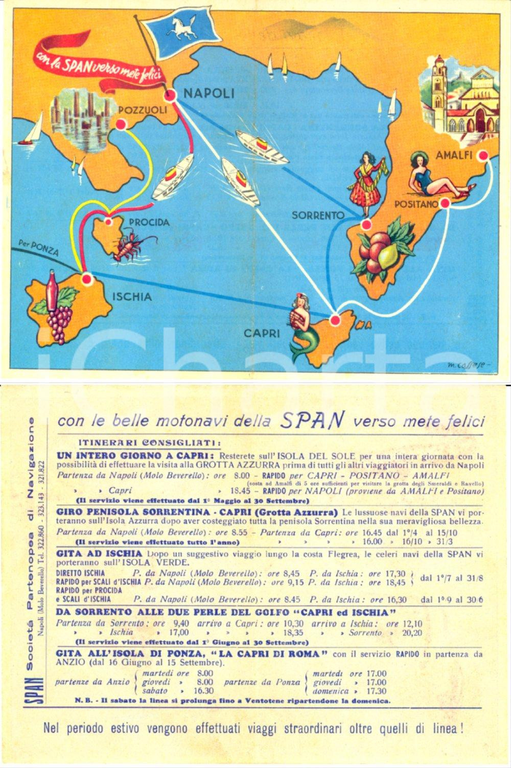 Materiale pubblicitario d’epoca 1950 NAPOLI Biglietto SPAN Società Partenopea di Navigazione ILLUSTRATO 1