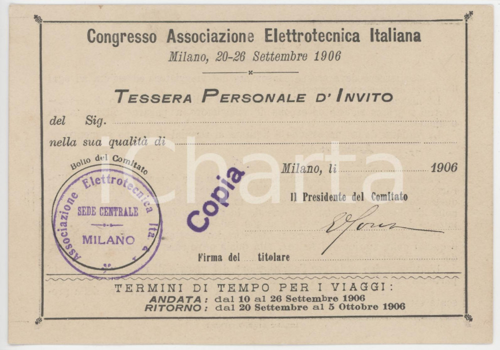 1906 MILANO Congresso Associazione Elettrotecnica Italiana - Tessera d'invito