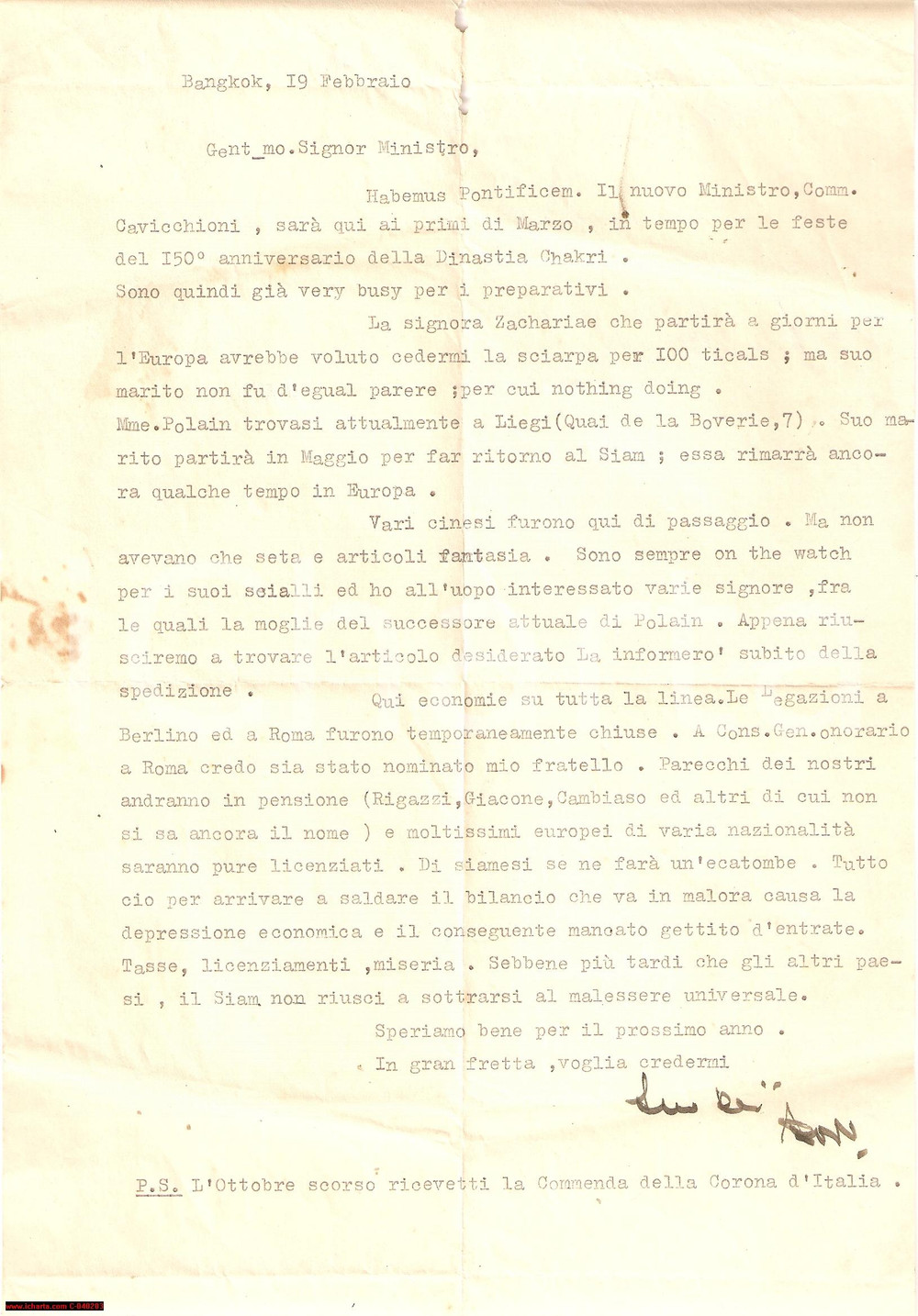 Manoscritto, lettera originale 1920 BANGKOK Licenziamenti all'ambasciata italiana 1