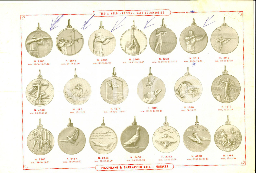 Materiale pubblicitario d’epoca 1940 ca FIRENZE Medaglie PICCHIANI & BARLACCHI Caccia  gare colombofile 1