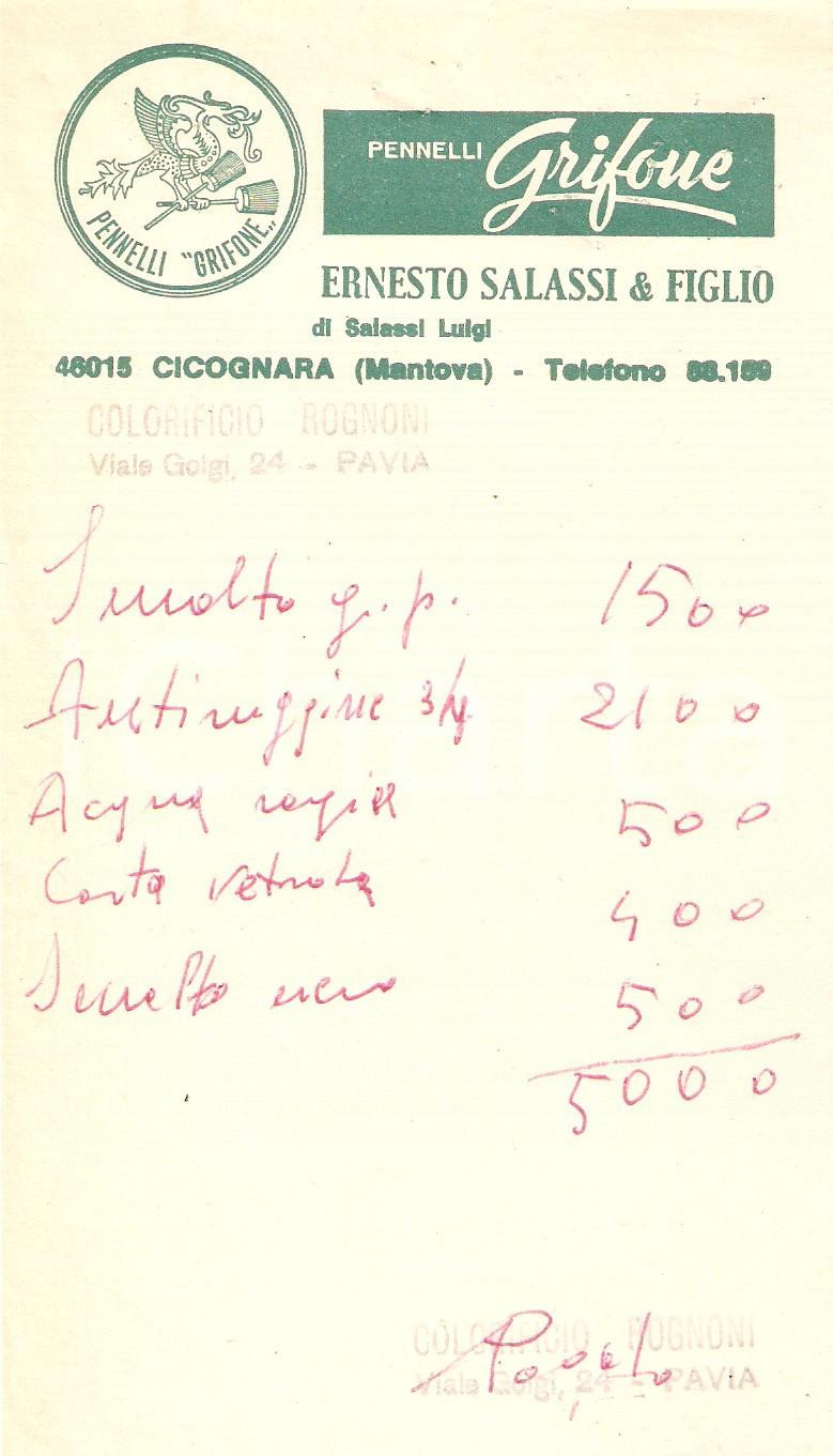 Materiale pubblicitario d’epoca 1965 ca CICOGNARA (MN) Pennelli GRIFONE di Ernesto SALASSI *Ricevuta 10x17 (4) 1