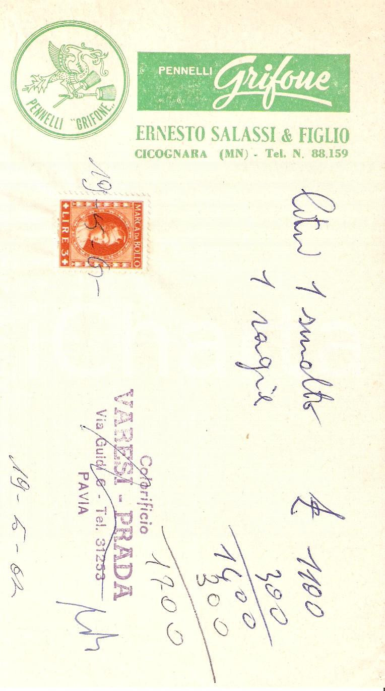 Materiale pubblicitario d’epoca 1965 ca CICOGNARA MN Pennelli GRIFONE di Ernesto SALASSI Ricevuta 10x17 5 1