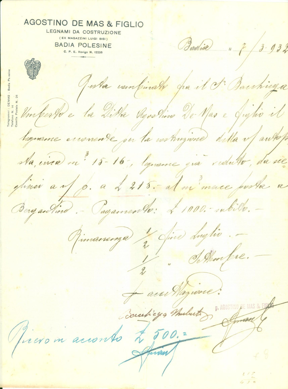 Documento originale, autentico 1932 BADIA POLESINE RO Agostino DE MAS & Figlio Legnami da costruzione 1