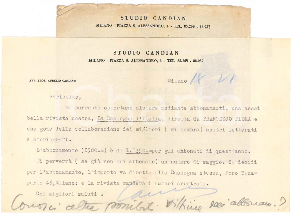 Autografo originale 1946 PARMA Aurelio CANDIAN  Abbonamento a La Rassegna d Italia  Autografo 1
