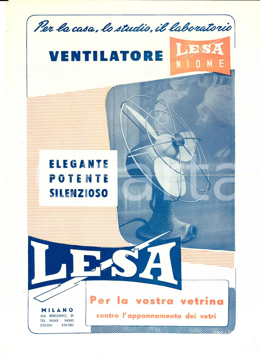Materiale pubblicitario d’epoca 1950 ca MILANO Ventilatore LESA Volantino pubblicitario ILLUSTRATO 1