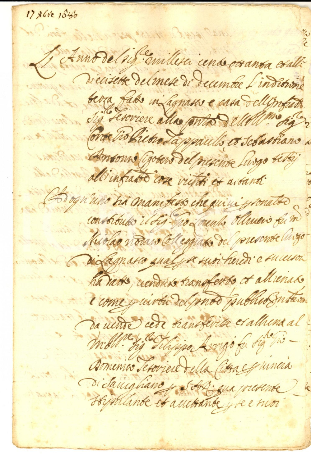 Documento originale, autentico 1680 LAGNASCO (CN) Giovanni Lorenzo OLIVERO vende un prato a Filippo ARRIGO 1