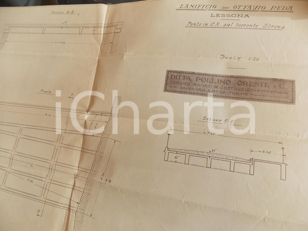 Mappa, planimetria storica 1920 ca LESSONA (BI) Lanificio Ottavio REDA - Progetto POLLINO ponte su STRONA 1