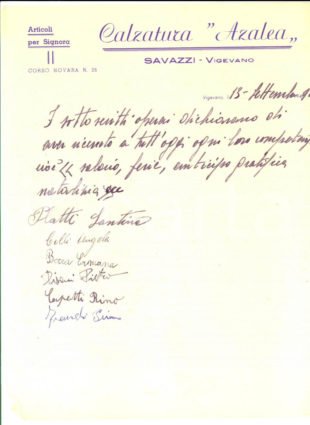 Manoscritto, lettera originale 1947 VIGEVANO PV Dichiarazione degli operai della ditta AZALEA calzature 1