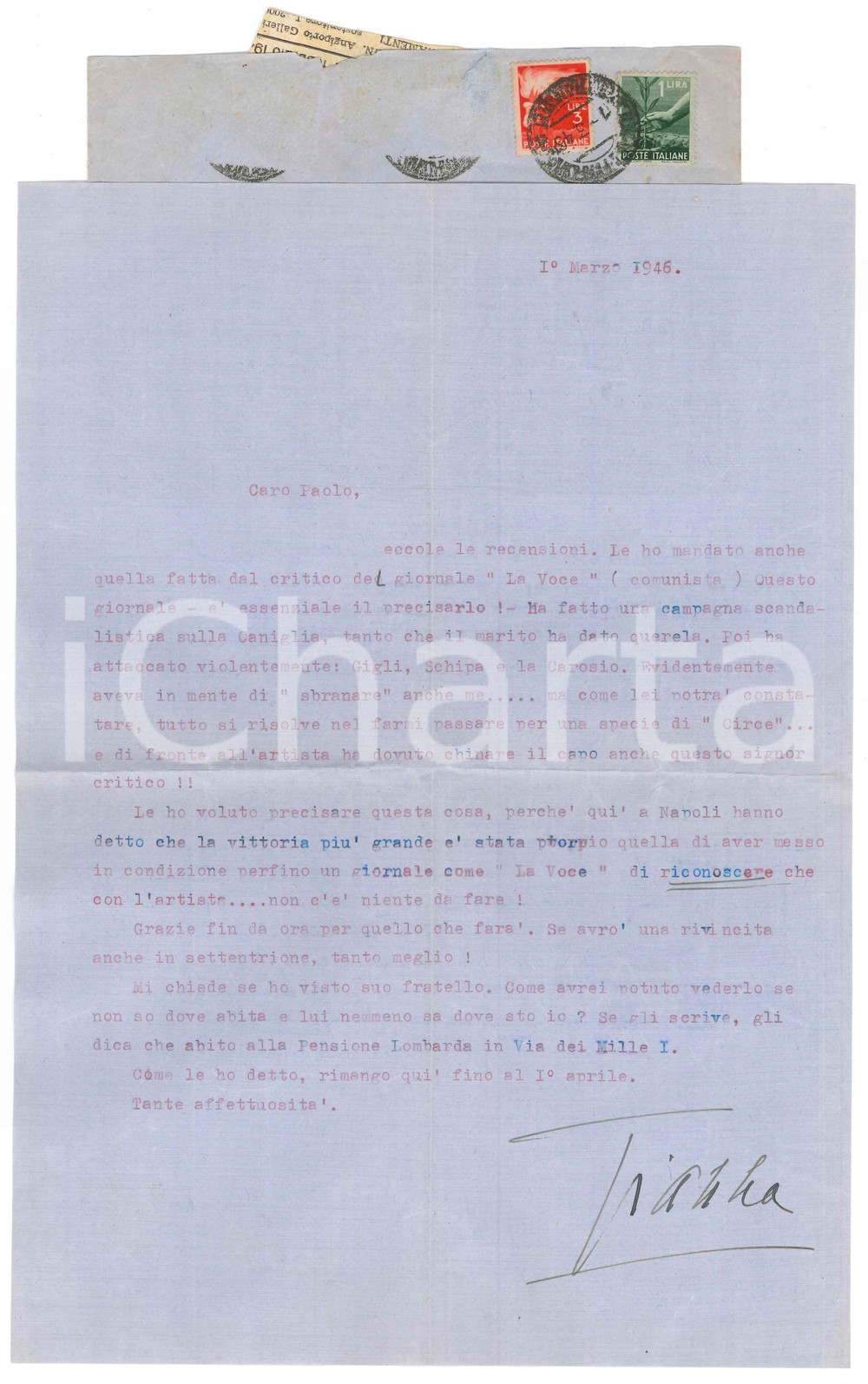 1946 NAPOLI Gianna PEDERZINI e le critiche di un giornale comunista - AUTOGRAFO Lettera dattiloscritta, con firma autografa, del celebre soprano Gianna Pederzini, soddisfatta perch&eacute; anche il critico della "Voce" si &egrave; dovuto arrendere davanti alla sua arte: "[...] qui a Napoli hanno detto che la vittoria pi&ugrave; grande &egrave; stata proprio quella di aver messo in condizione perfino un giornale come "La Voce" di riconoscere che con l'artista...non c'&egrave; niente da fare! [...] ".Uniti i ritagli di giornale contenenti due recensioni.Busta viaggiata.PAGINE: 1  FAIR/discreto piegature d'epoca, con lieve ingiallimento e minimo strappo marginale  originale e autentica 1
