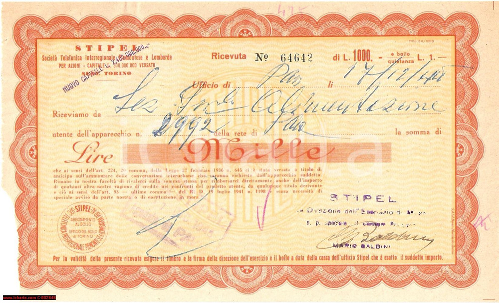 Oggetto da collezione cartaceo 1945 STIPEL Ricevuta versamento deposito cauzionale 1