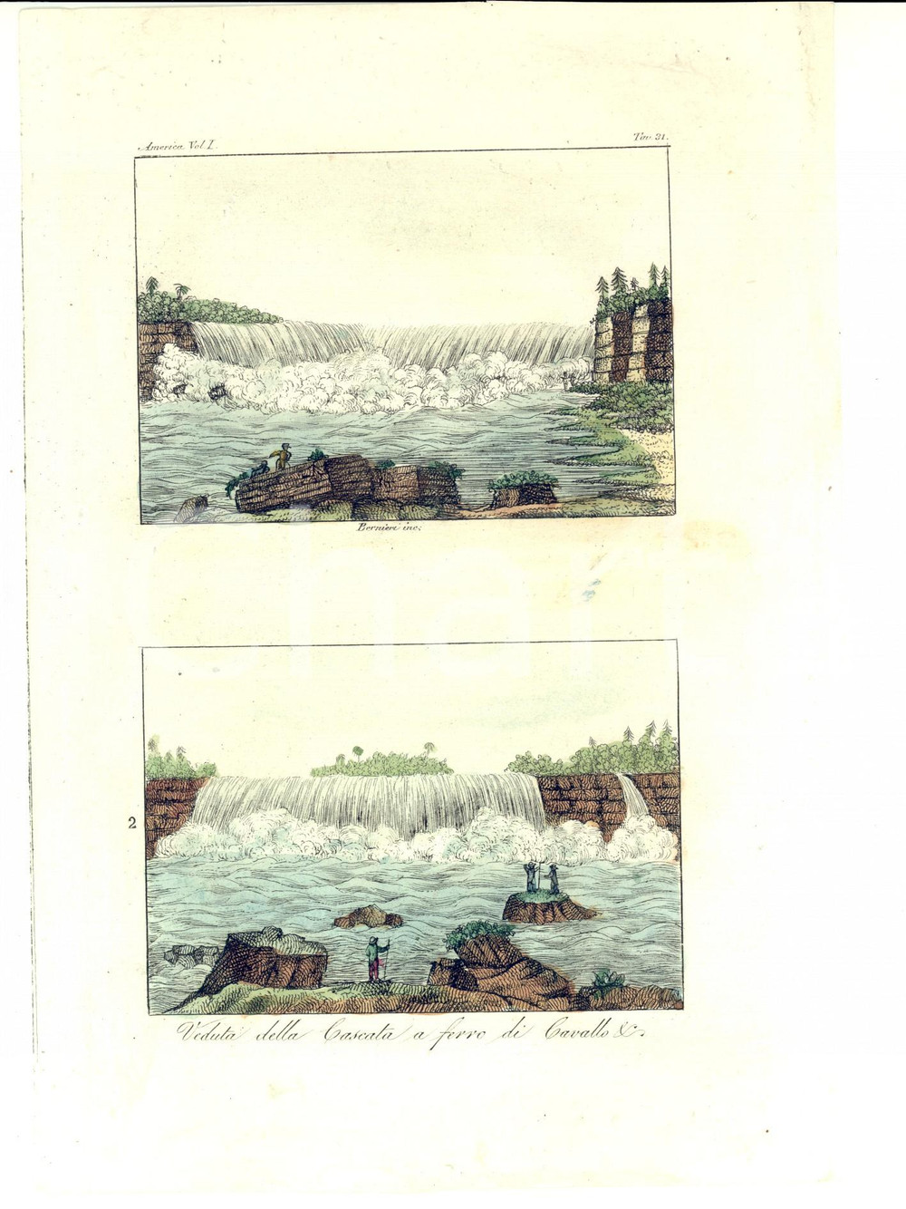 Stampa, bozzetto originale 1830 COSTUME AMERICA Veduta della cascata a ferro di cavallo Inc. BERNIERI 1